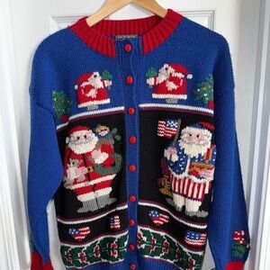 Vintage South Wool Sweater Hand Embroidered Santa Flag Sz L Virgin Wool Holiday